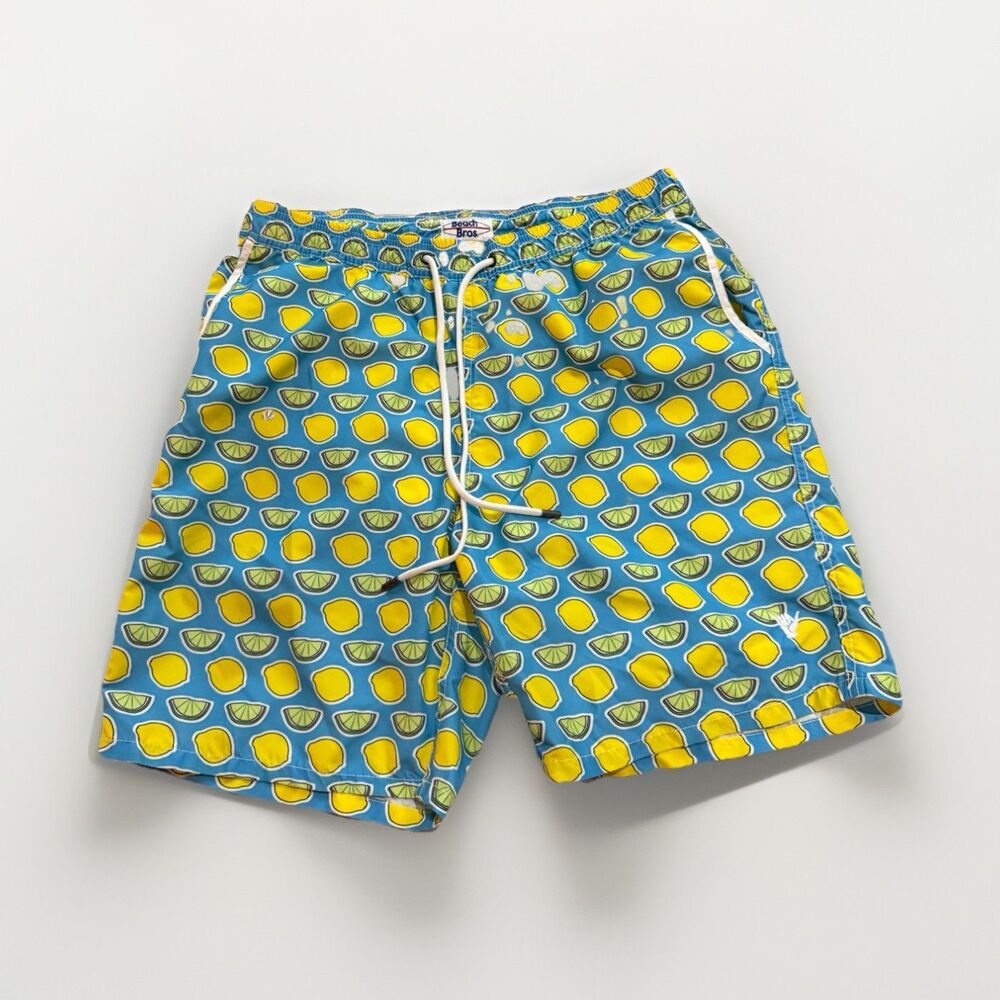 Beach Bros. Men’s Swim Trunks Fruit Lemon Lime Print Blue Drawstring Size L